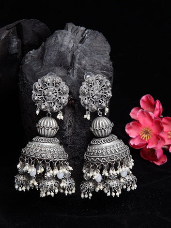 Gunmetal-Toned Pearls Studded Floral Tassell Design Oxidised Jhumkas