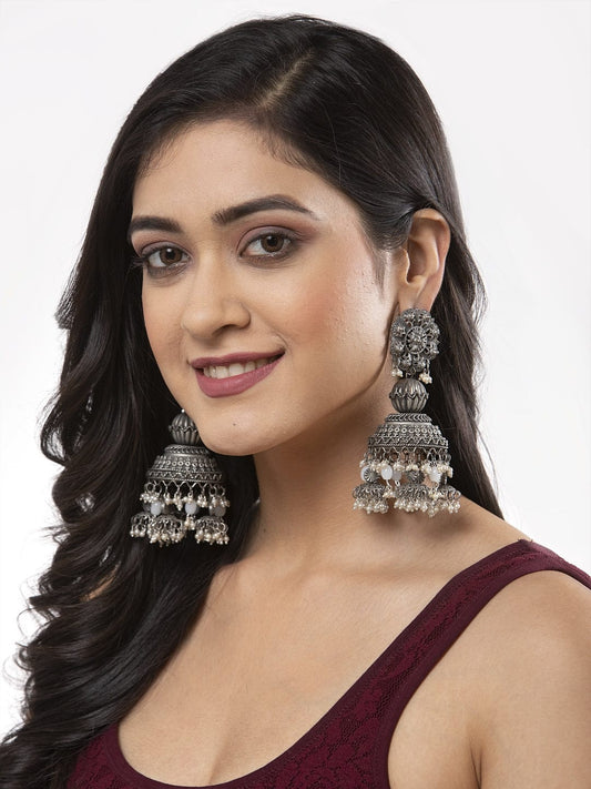 Gunmetal-Toned Pearls Studded Floral Tassell Design Oxidised Jhumkas