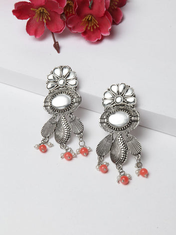 Silver-Toned & Orange Contemporary Drop Earrings