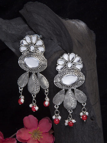 Silver-Toned Mirror & Red Pearls Antique Floral Design Oxidised Earrings