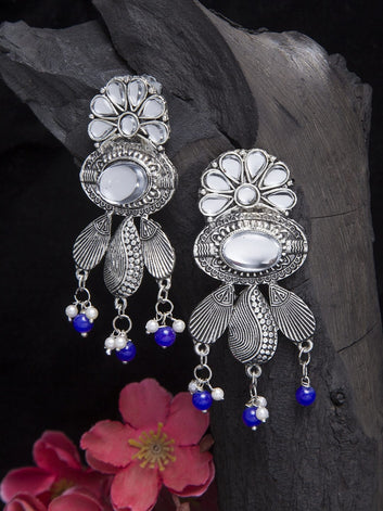 Silver-Toned & Blue Contemporary Drop Earrings