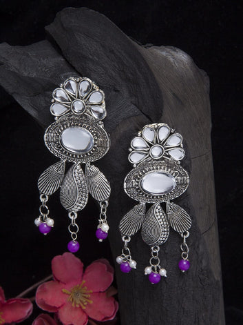 Silver-Toned & Purple Contemporary Drop Earrings