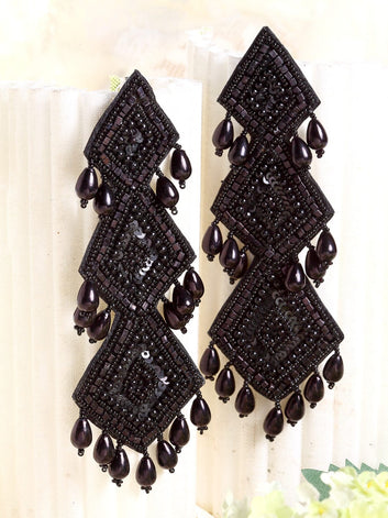Black Contemporary Beads Sequins & Pearls Drop Earrings