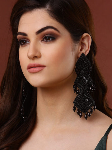 Black Contemporary Beads Sequins & Pearls Drop Earrings
