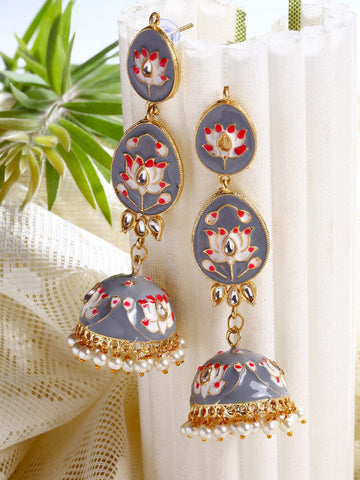 Gold-Plated Grey & White Meenakari Kundan & Pearls Jhumkas Earrings