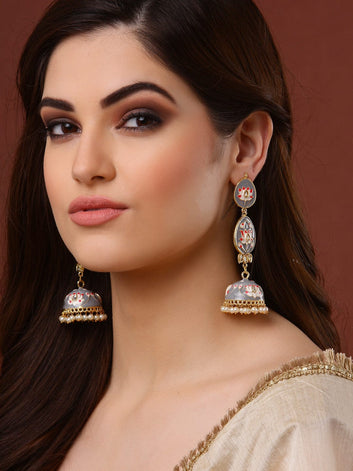 Gold-Plated Grey & White Meenakari Kundan & Pearls Jhumkas Earrings