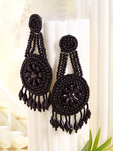 Black Silver Plated Contemporary Taselled Drop Earrings