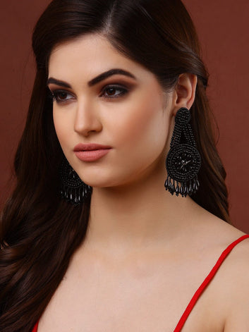 Black Silver Plated Contemporary Taselled Drop Earrings