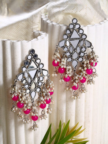 Pink & Silver-Toned Classic Pearls Studded Afghan Tasselled Chandbalis Earrings