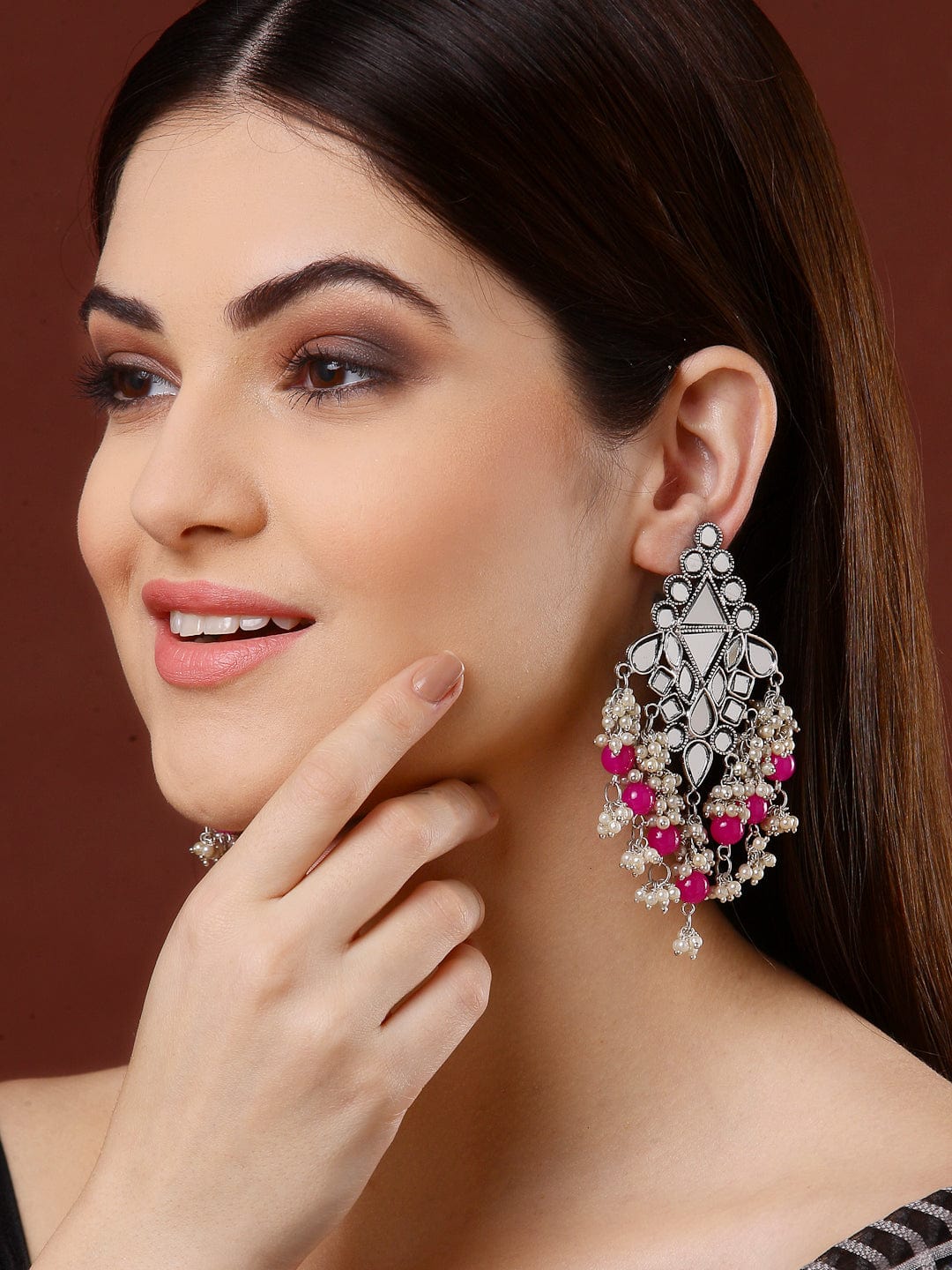 Pink & Silver-Toned Classic Pearls Studded Afghan Tasselled Chandbalis Earrings