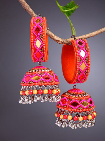 Pink & Orange Silver-Plated Mirror Work & Beaded Afghan Jhumkas Earrings