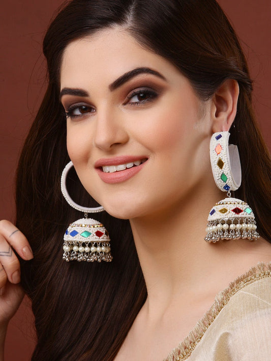 Off White Silver Plated Enameled Contemporary Jhumkas Earrings