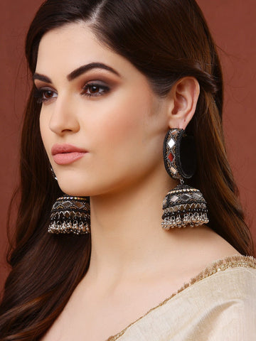 Beads Mirror & Crystals Studded Contemporary Jhumkas Earrings
