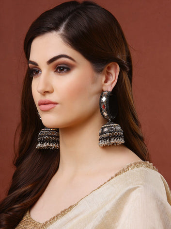 Beads Mirror & Crystals Studded Contemporary Jhumkas Earrings