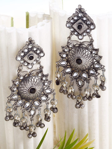 Black & Silver-Toned Oxidised Handcrafted Antique Tribal Design Earrings