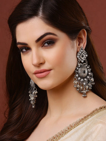 Black & Silver-Toned Oxidised Handcrafted Antique Tribal Design Earrings