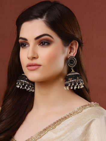 Gold-Plated Black & White Dome Shaped Jhumkas