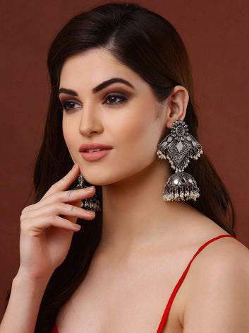 Silver-Toned Dome Shaped Jhumkas Earrings