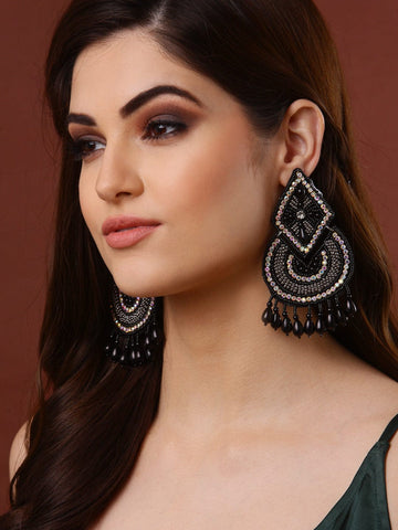 Black Contemporary Beads Sequins & Pearls Drop Earrings