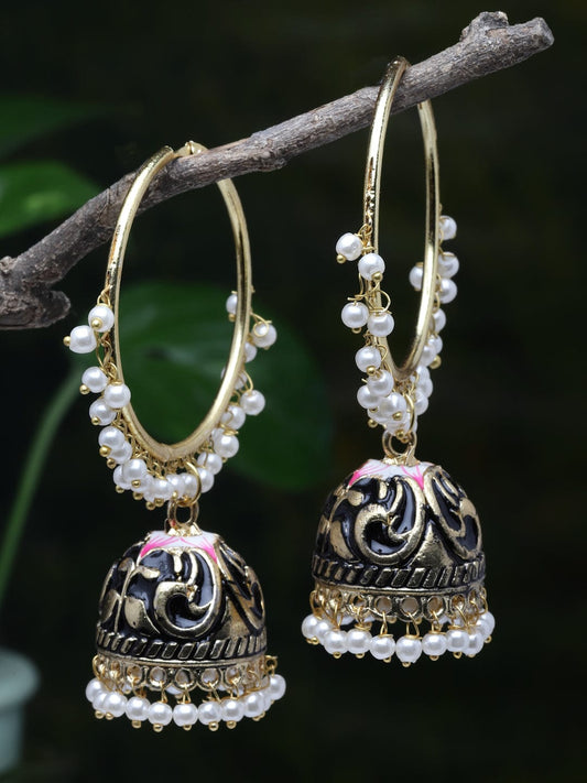 Gold Plated Black Pearls Studded Handpainted Meenakari Handcrafted Jhumkas
