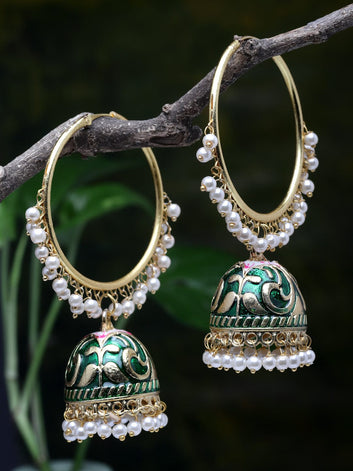 Gold-Plated Green Pearls Studded Handpainted Meenakari Handcrafted Jhumkas