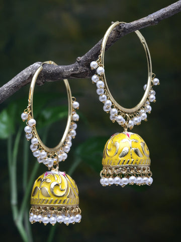 Gold-Plated Yellow Pearls Studded Handpainted Meenakari Jhumkas