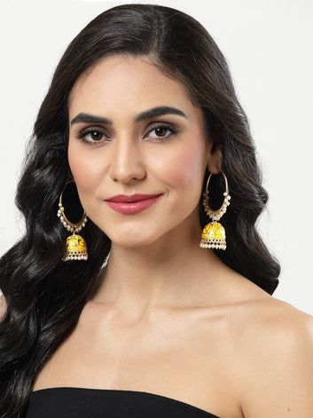 Gold-Plated Yellow Pearls Studded Handpainted Meenakari Jhumkas