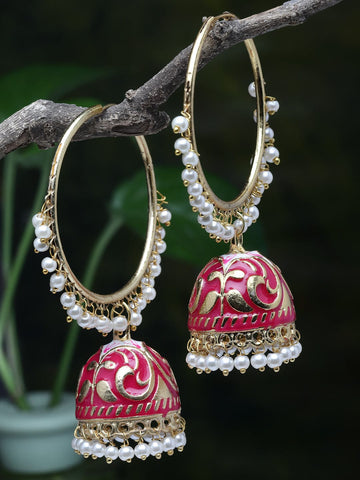 Gold Plated Pink Pearls Studded Handpainted Meenakari Handcrafted Jhumkas