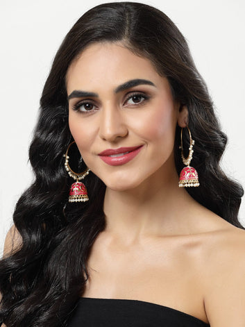 Gold Plated Pink Pearls Studded Handpainted Meenakari Handcrafted Jhumkas