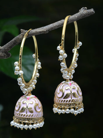 Pink Gold Plated Pearls Studded Handpainted Meenakari Jhumkas