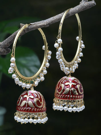 Gold-Plated Red Pearls Studded Handpainted Meenakari Work Handcrafted Jhumkas