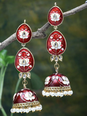 Gold-Plated Red Kundan & Pearls Studded Handpainted Meenakari Jhumkas
