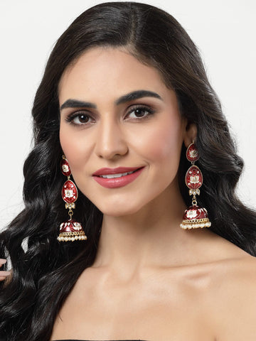 Gold-Plated Red Kundan & Pearls Studded Handpainted Meenakari Jhumkas