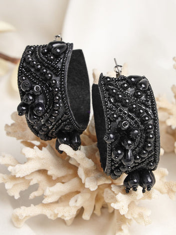 Silver Plated Black Beads & Pearls Contemporary Handcrafted Hoop Earrings
