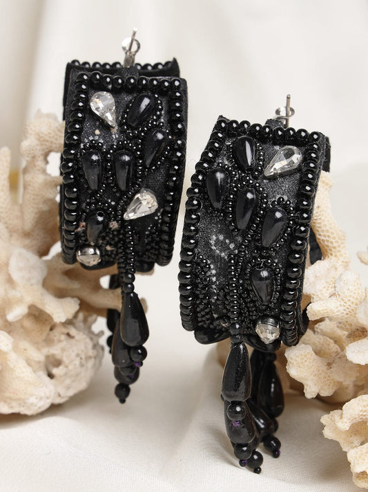 Silver Plated Black Beads Pearls & Crystals Studded Contemporary Hoop Earrings