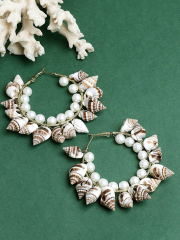 Gold Plated Handcrafted Cowri & Pearls Studded Filigree Oxidised Hoop Earrings