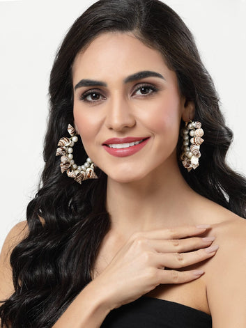 Gold Plated Handcrafted Cowri & Pearls Studded Filigree Oxidised Hoop Earrings