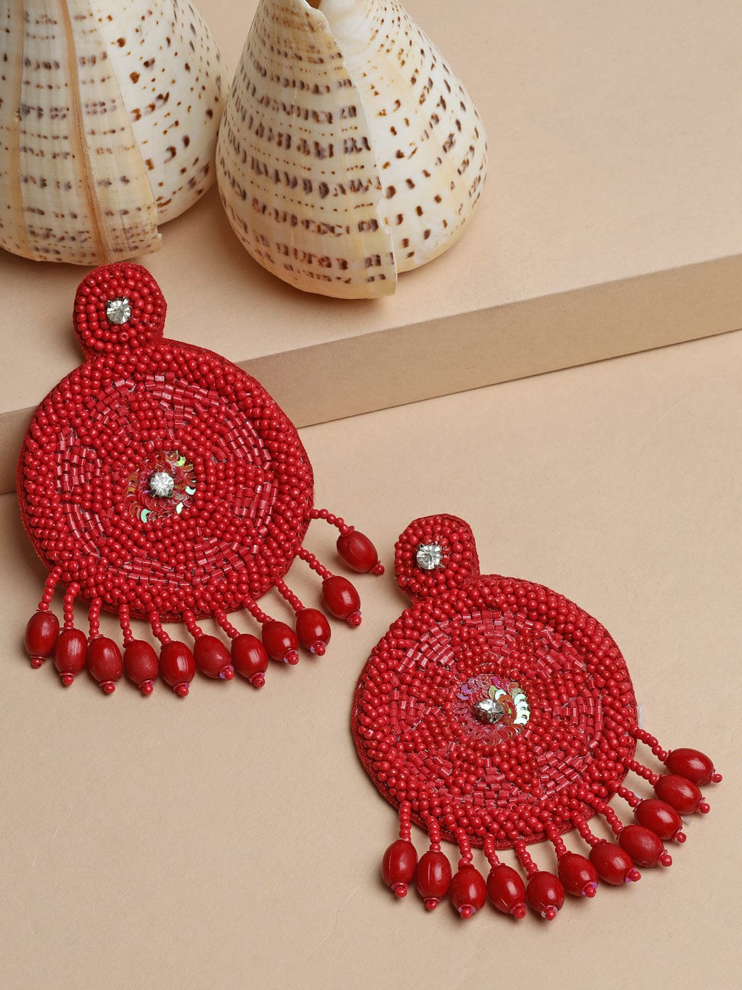 Silver-Plated Red Beads & Pearls Handcrafted Contemporary Tasselled Chandbalis