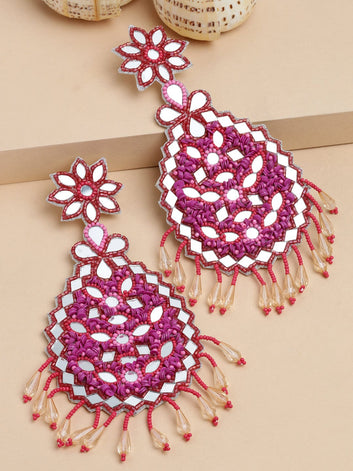 Silver Plated Pink Beads & Mirrors Contemporary Handwoven Tasselled Earrings