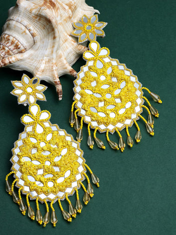 Silver-Plated Yellow Beads & Mirrors Contemporary Handwoven Tasselled Earrings