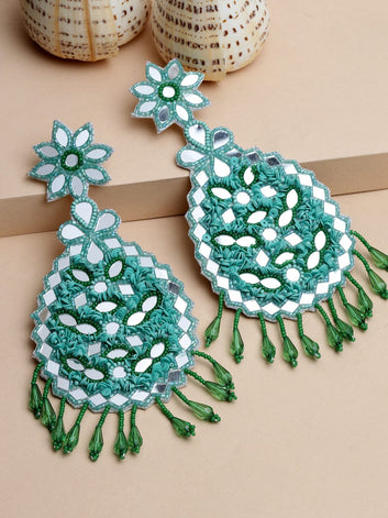 Silver-Plated Green Beads & Mirrors Contemporary Handwoven Tasselled Earrings