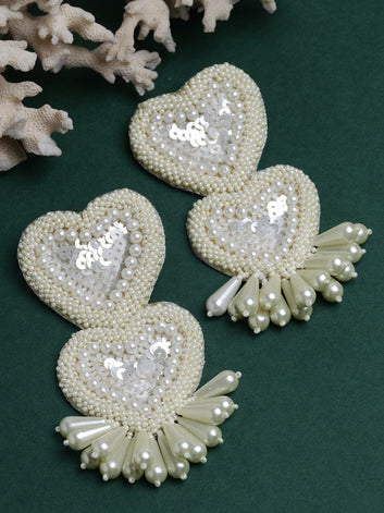 Silver Plated Handcrafted Off White Sequins & Pearls Tasselled Heart Chandbalis