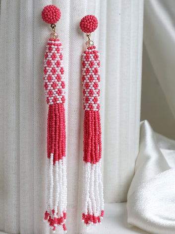 Gold-Plated Pink & Off White Beads Contemporary Tasselled Handcrafted Earrings
