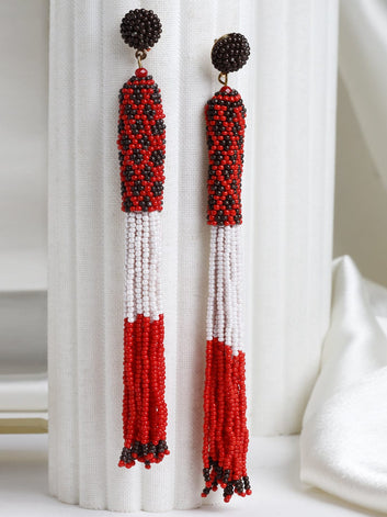 Gold Plated Red & Black Beads Contemporary Tasselled Handcrafted Earrings