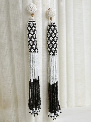 Gold Plated Black & Off White Beads Contemporary Tassell Handcrafted Earrings