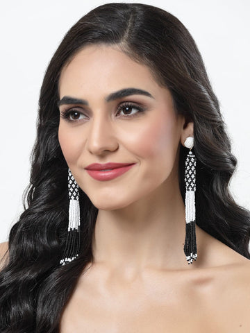 Gold Plated Black & Off White Beads Contemporary Tassell Handcrafted Earrings