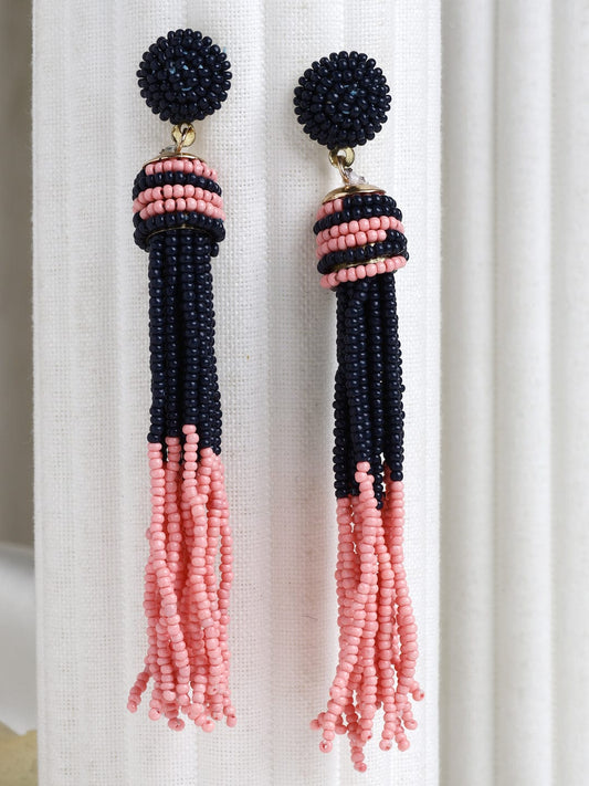 Gold Plated Pink & Black Beads Contemporary Tasselled Handcrafted Earrings