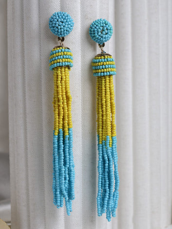 Gold Plated Yellow & Blue Beads Contemporary Tasselled Handcrafted Earrings