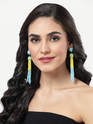 Gold Plated Yellow & Blue Beads Contemporary Tasselled Handcrafted Earrings