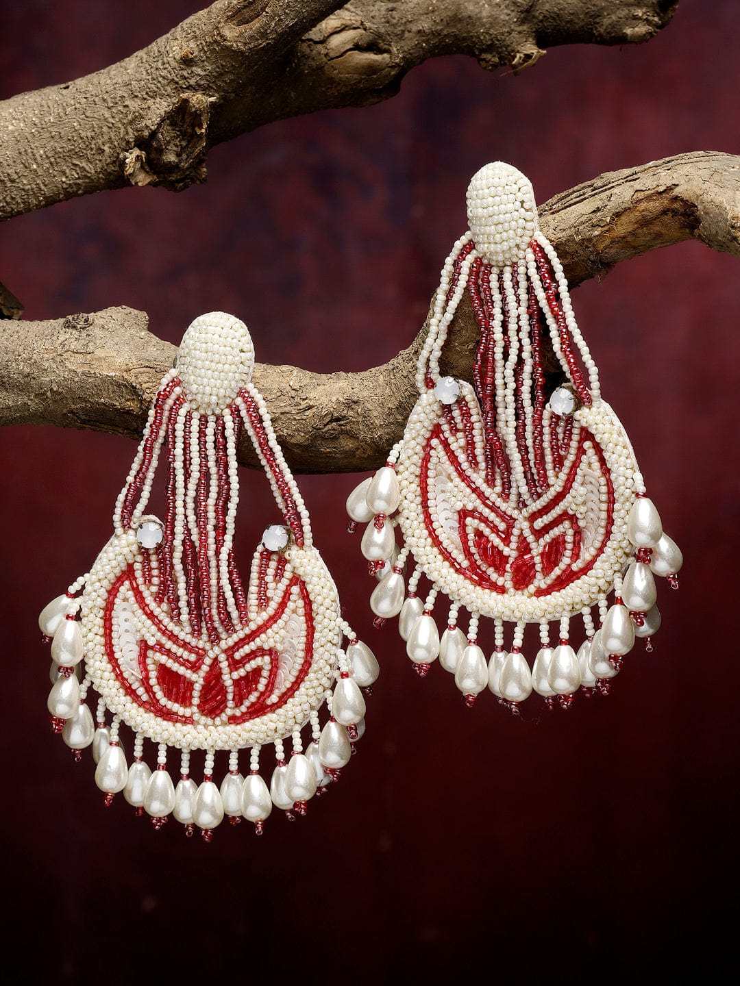 Silver-Plated Beads & Pearls Studded Tassell Handcrafted Chandbalis